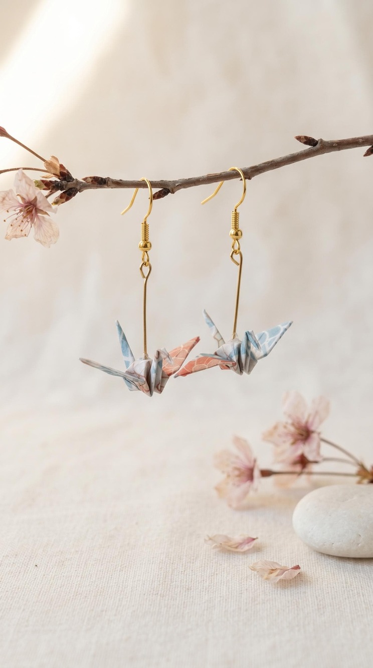 Origami Crane Dangle Earrings, Chiyogami Yuzen Paper Jewelry, Hypoallergenic Sta